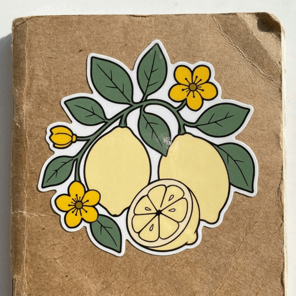 Lemon SVG sticker with floral details on kraft paper.