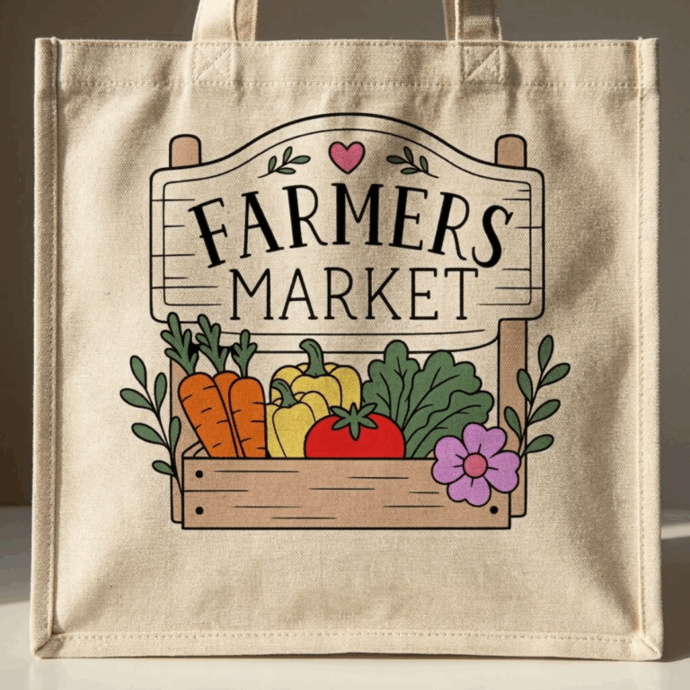 Farmers market SVG design on a cream tote bag with vegetables and floral illustrations