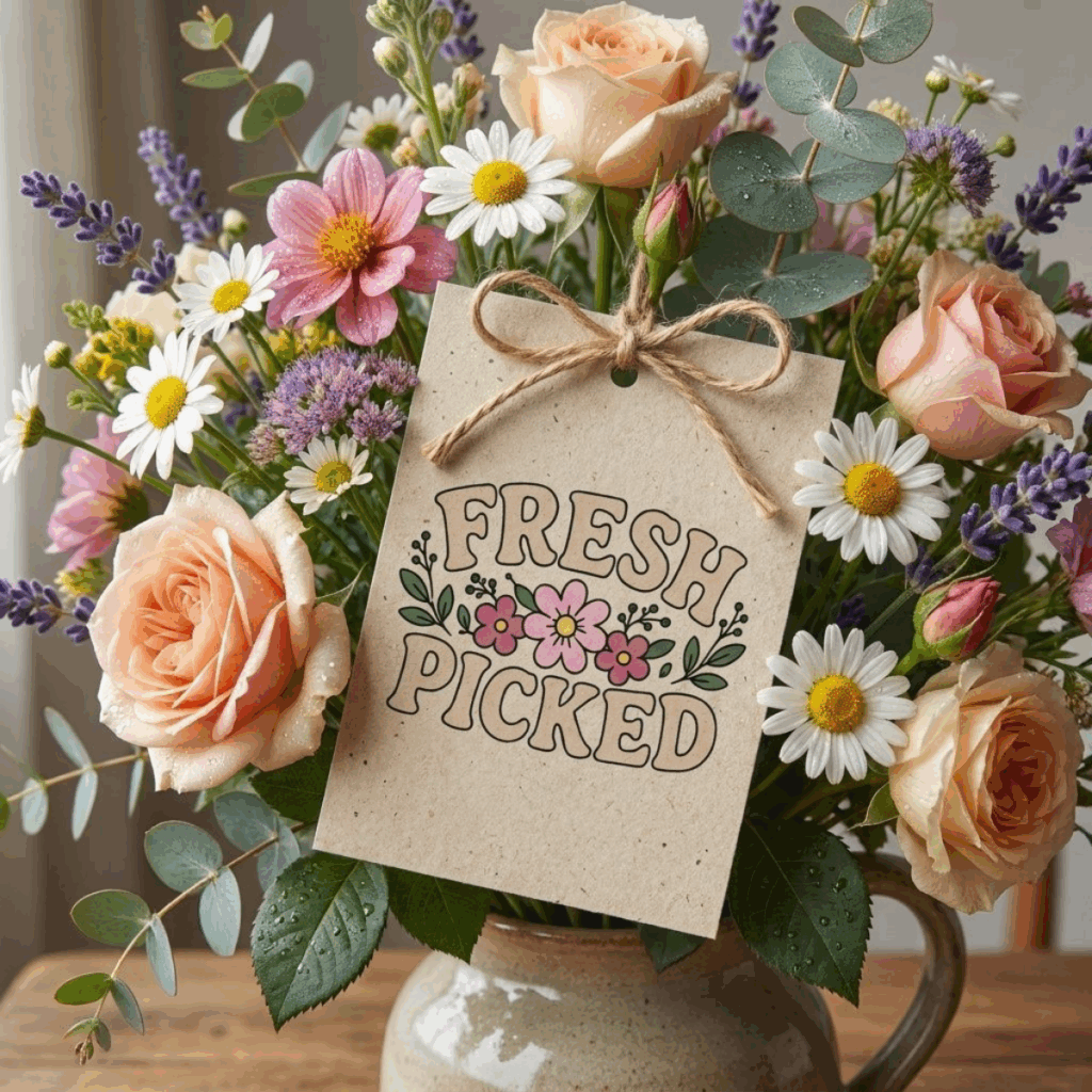 Fresh Picked SVG tag attached to a floral bouquet arrangement.