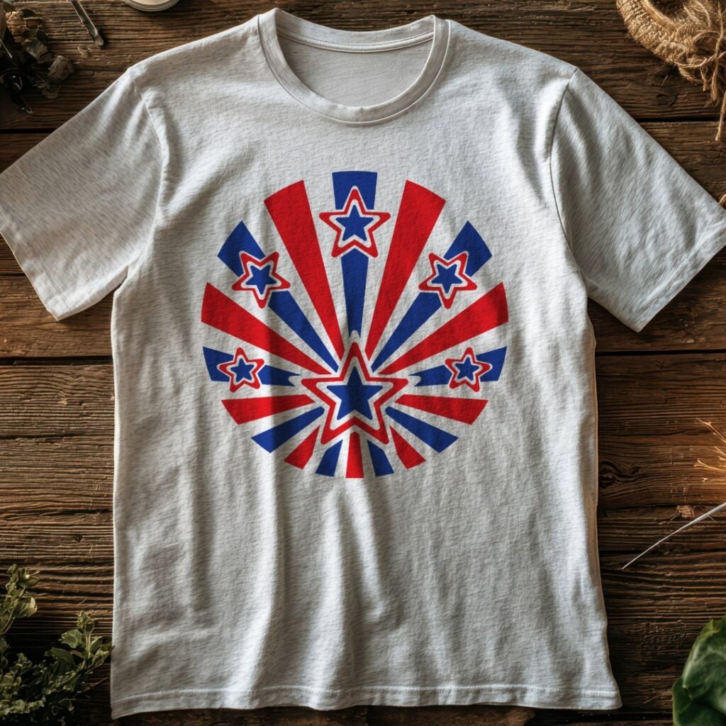 White t-shirt with red white and blue patriotic starburst SVG design.