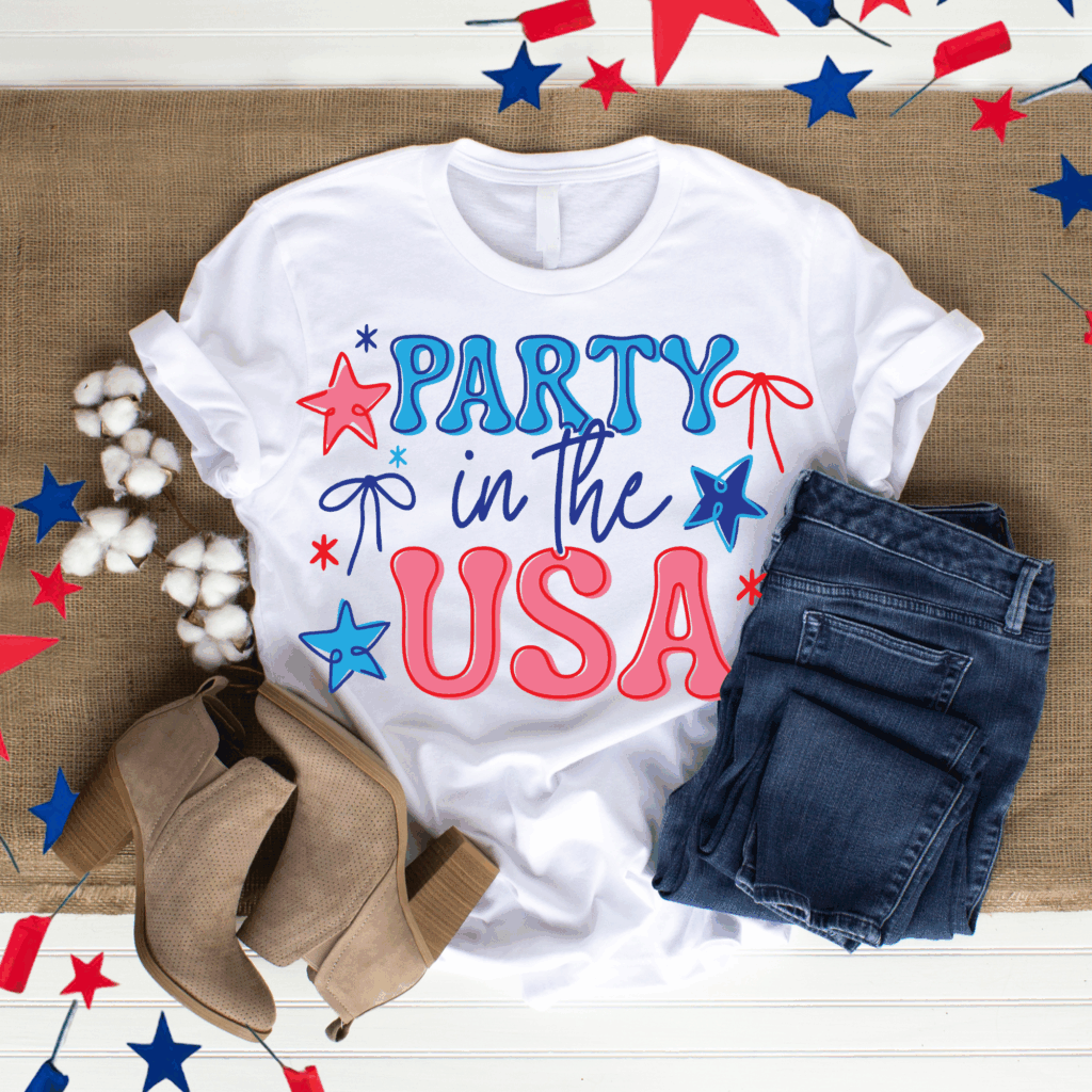 White t-shirt mockup featuring colorful Party in the USA patriotic SVG.