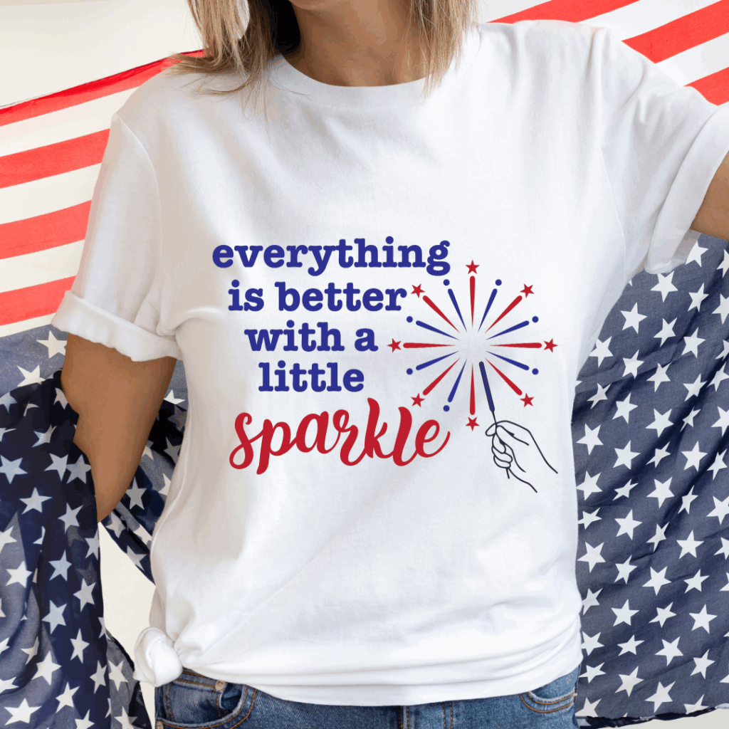 White patriotic t-shirt with everything is better with a little sparkle SVG design.