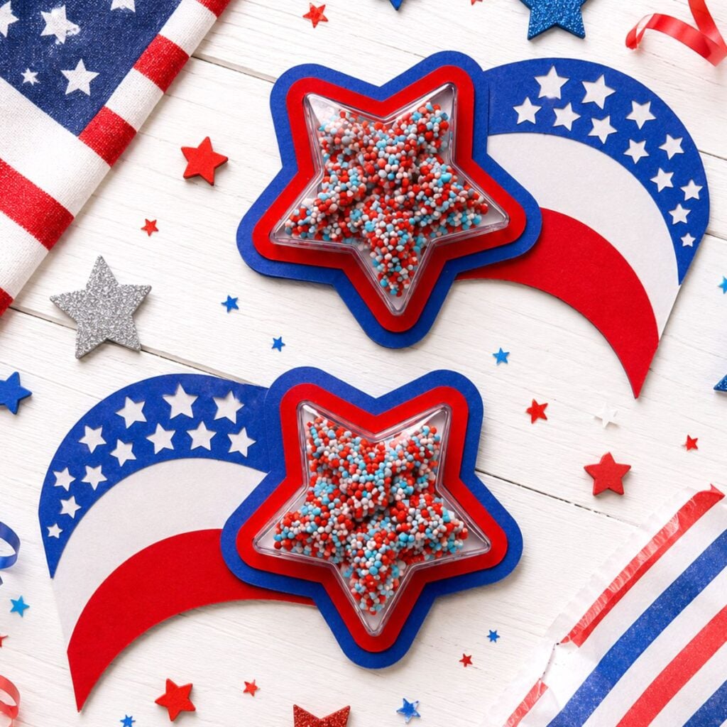 Red white and blue patriotic shaker star crafts for Fourth of July parties.