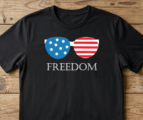 Black t-shirt mockup featuring patriotic sunglasses and freedom SVG design.
