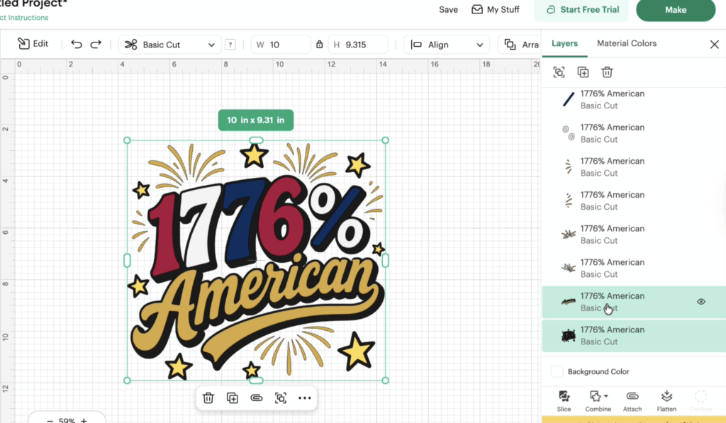 Patriotic 1776 American SVG opened in Cricut Design Space before using the HTV knockout method.
