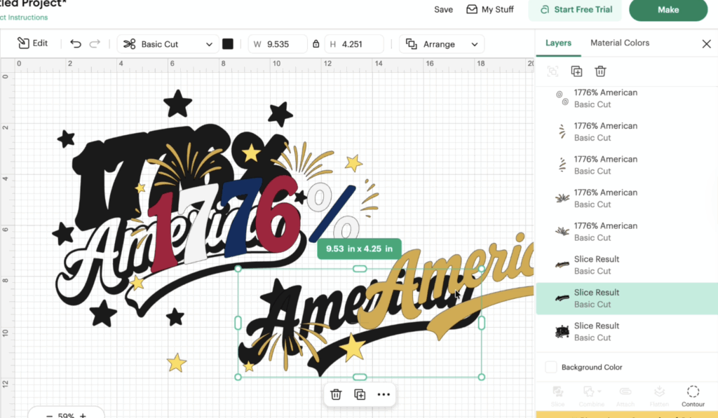 Cricut Design Space slice tool separating layered HTV pieces for the knockout method.
