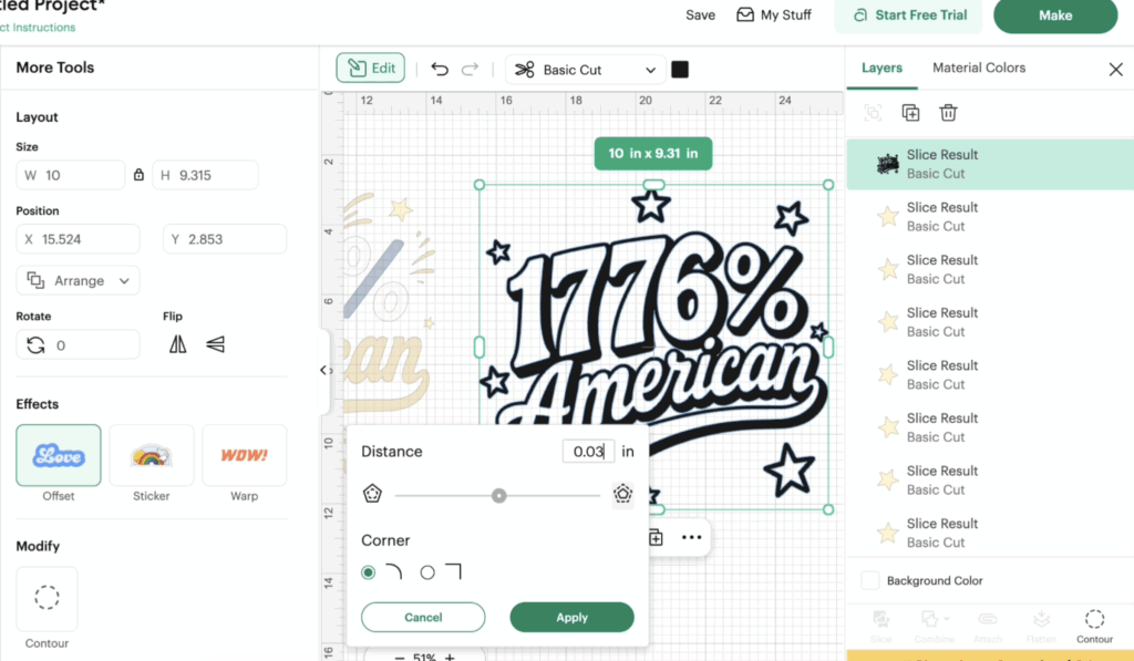 Cricut Design Space offset settings being adjusted for layered HTV shrinkage.