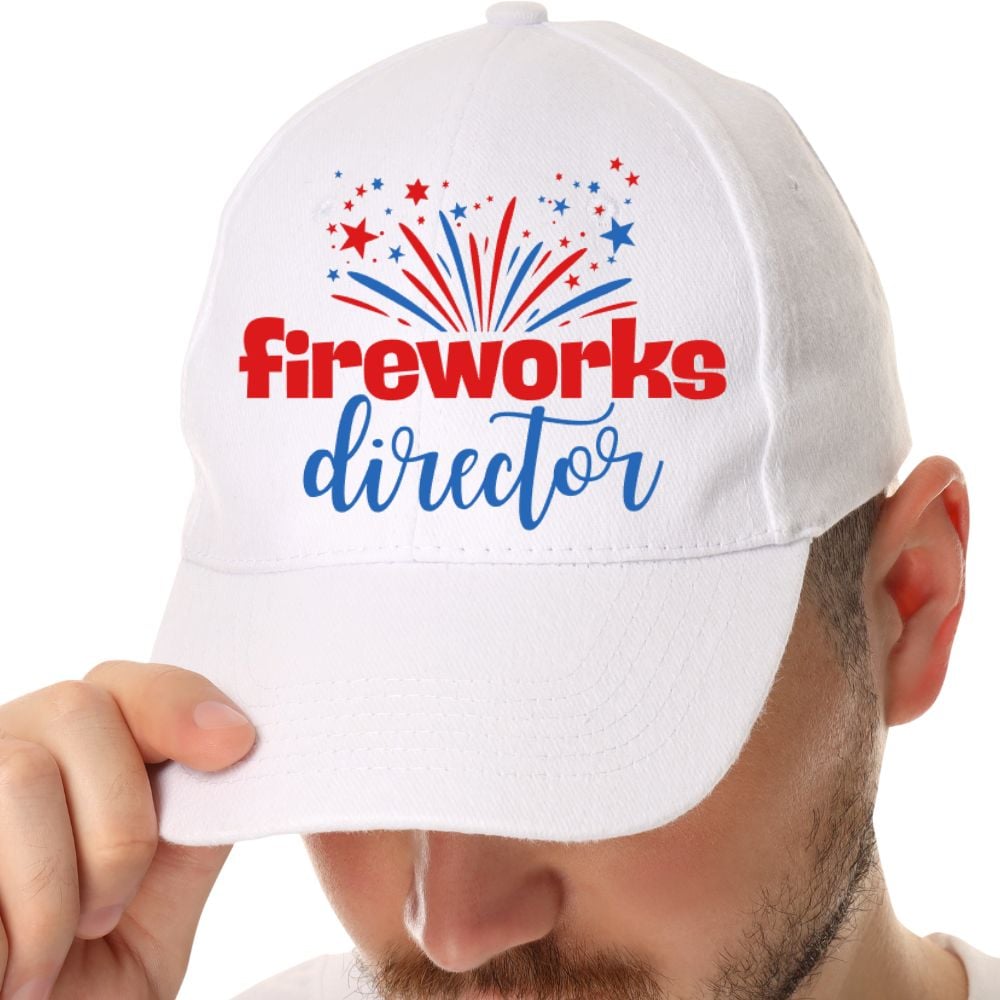 White baseball cap featuring a fireworks director patriotic SVG design.