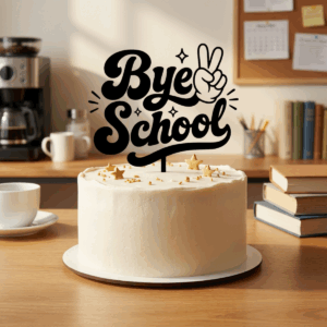 Bye School cake topper made with a teacher last day SVG for Cricut on a white cake