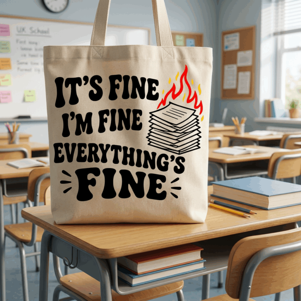 Teacher SVG with stack of papers on fire printed on tote bag.