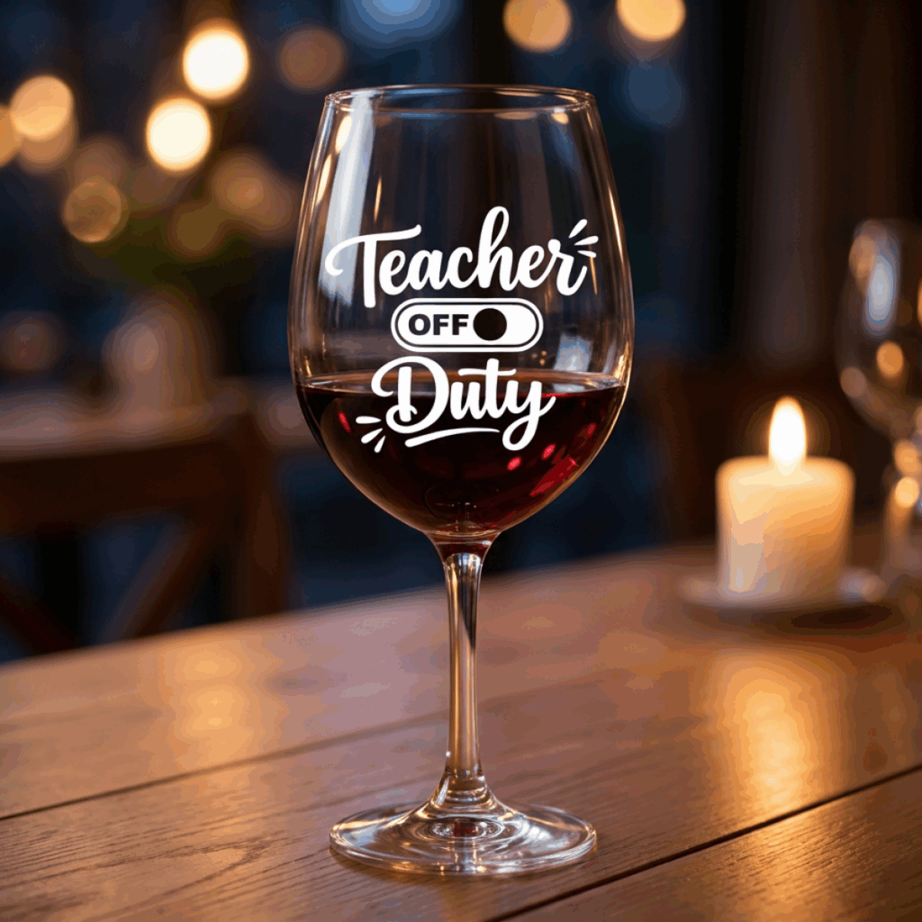 Teacher Off Duty SVG applied to a wine glass as a teacher gift idea.