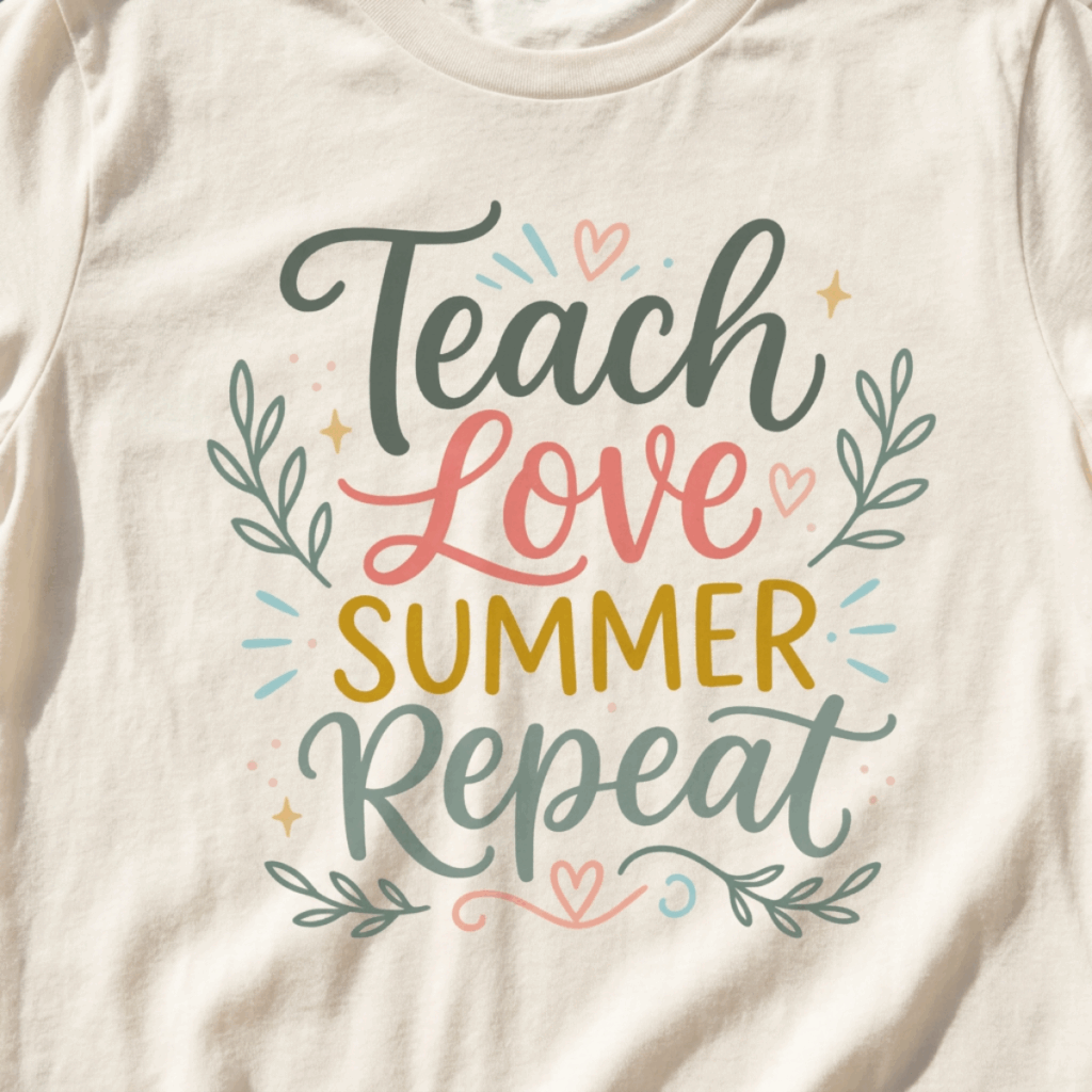 Teach Love Summer Repeat teacher last day SVG on a cream t-shirt