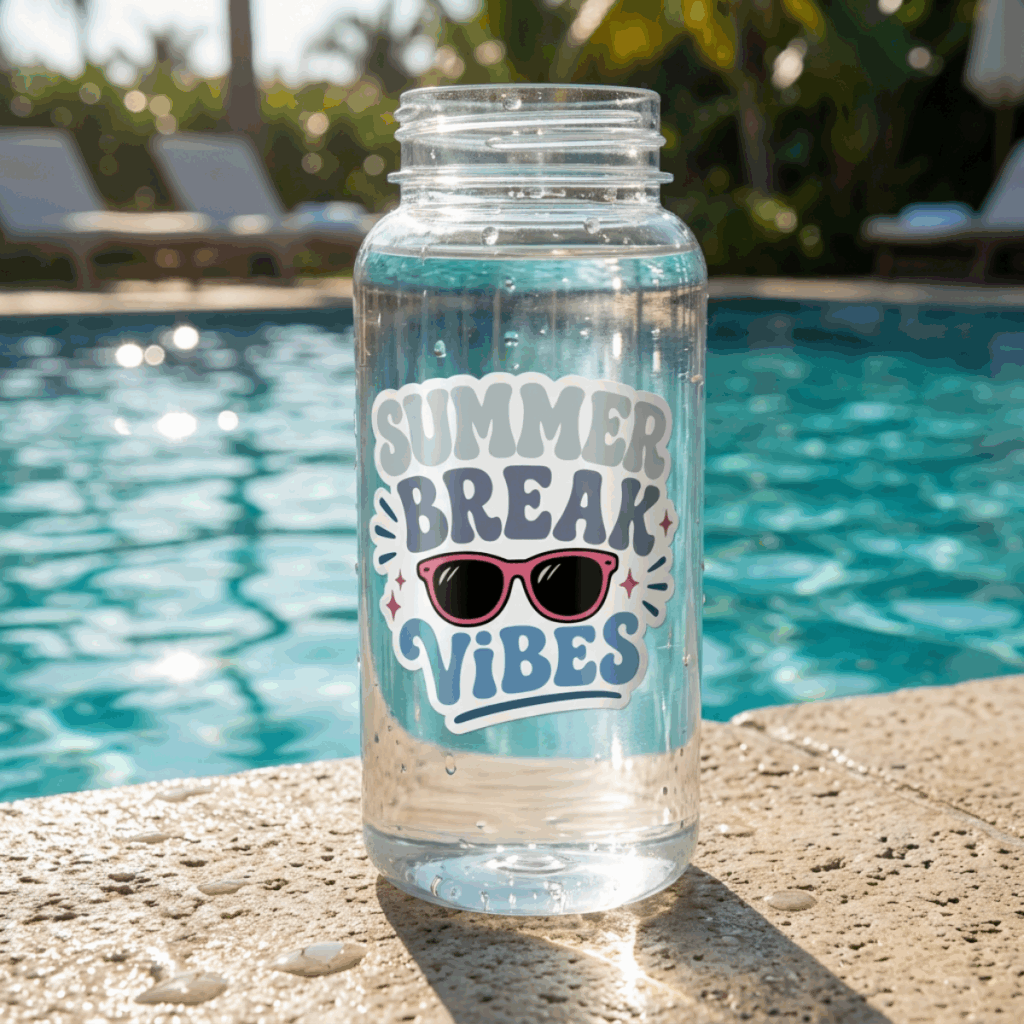 Summer Break Vibes SVG applied to a glass cup near a pool.