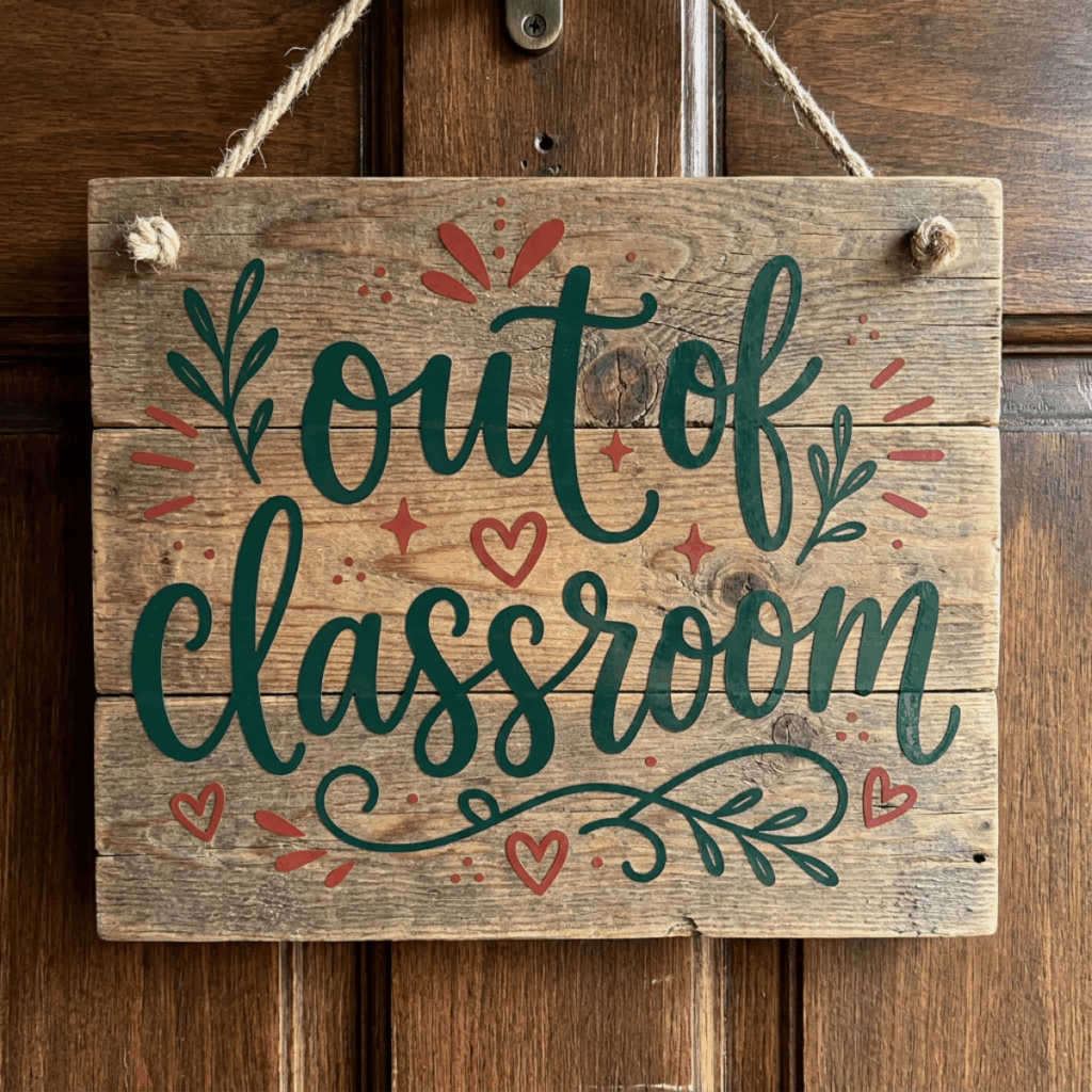 Out of Classroom teacher svg bundle design on a wooden sign.