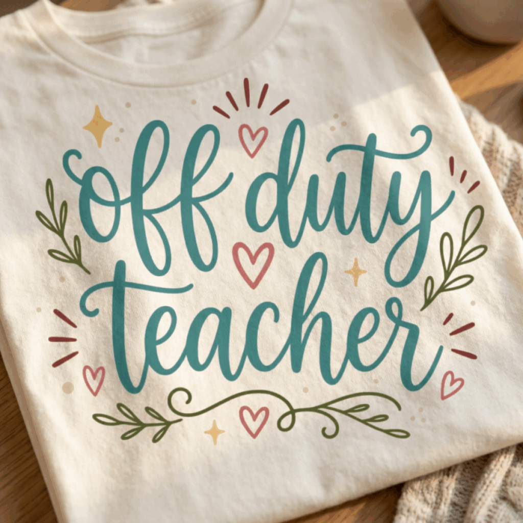 Off Duty Teacher SVG on a neutral t-shirt with boho style.