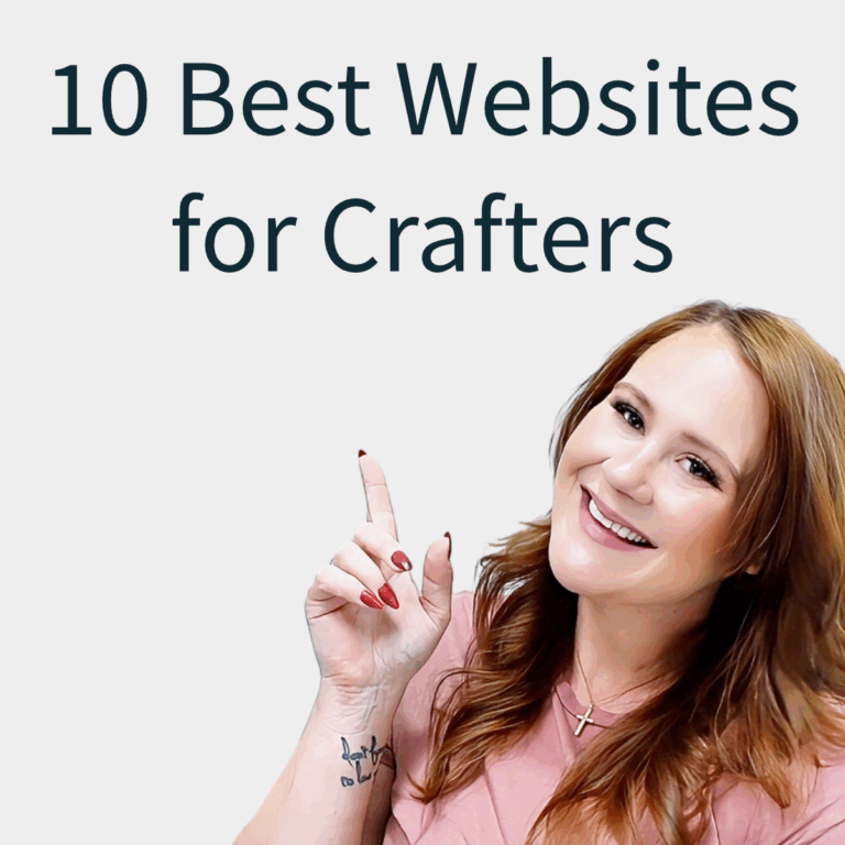 Woman pointing at text that says 10 Best Websites for Crafters in a Cricut crafting YouTube thumbnail