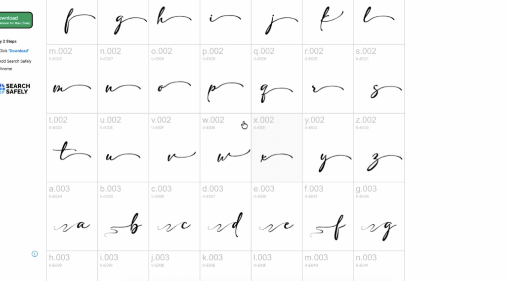 DaFont website displaying decorative script font glyphs and alternate characters for Cricut Design Space projects.