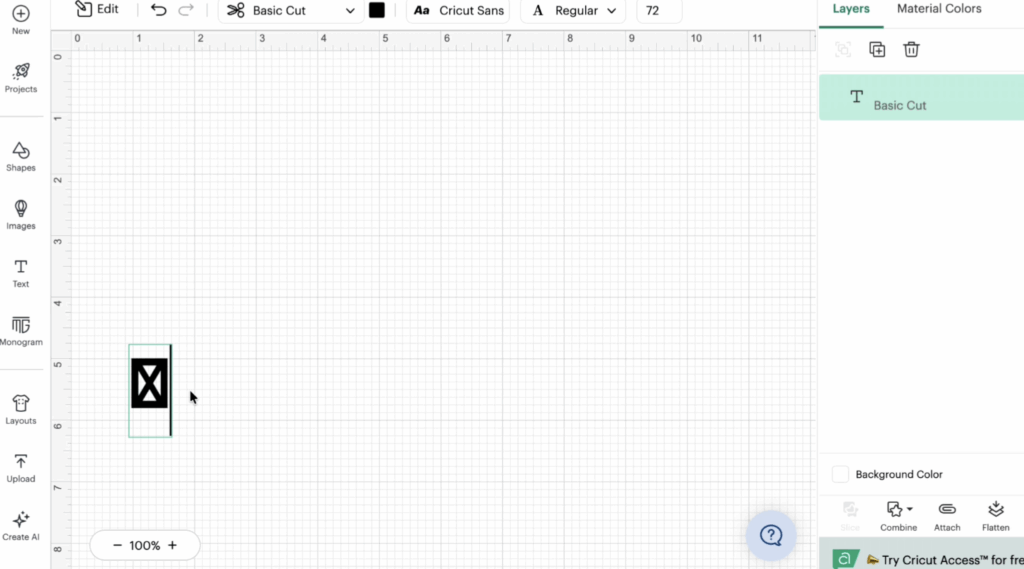 Cricut Design Space showing a missing or unsupported glyph character appearing as a black symbol box.