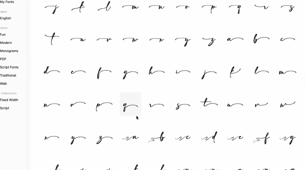 Mac Font Book application displaying script font glyphs and alternate characters for Cricut projects.