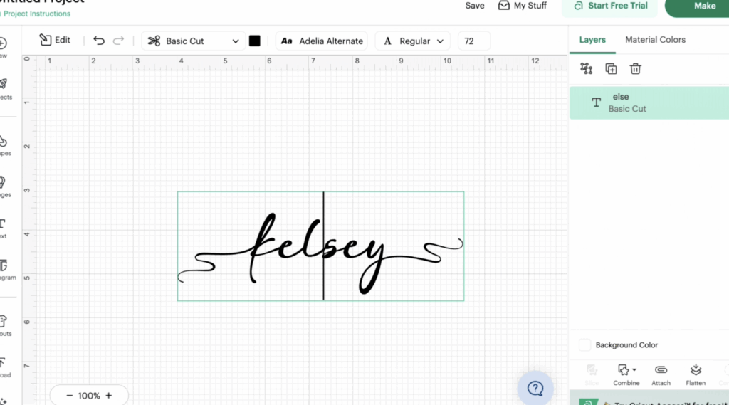 Cricut Design Space showing the name Kelsey styled with decorative font glyph swashes and alternate characters.