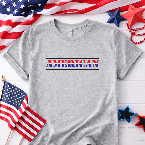 Gray patriotic t-shirt mockup featuring an American SVG design in red white and blue.