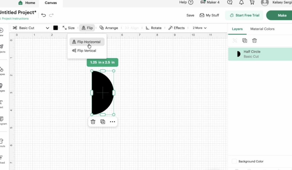 Cricut Design Space toolbar displaying the Flip menu with horizontal and vertical flip options selected on a shape.