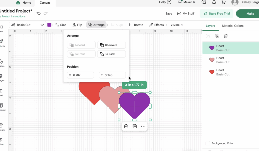Cricut Design Space Arrange menu showing layer order controls and X and Y position settings for selected shapes.
