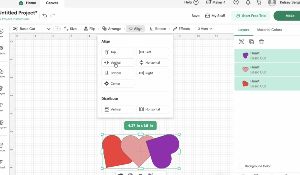 The Align menu includes options for centering, aligning edges, and distributing objects evenly across the canvas.