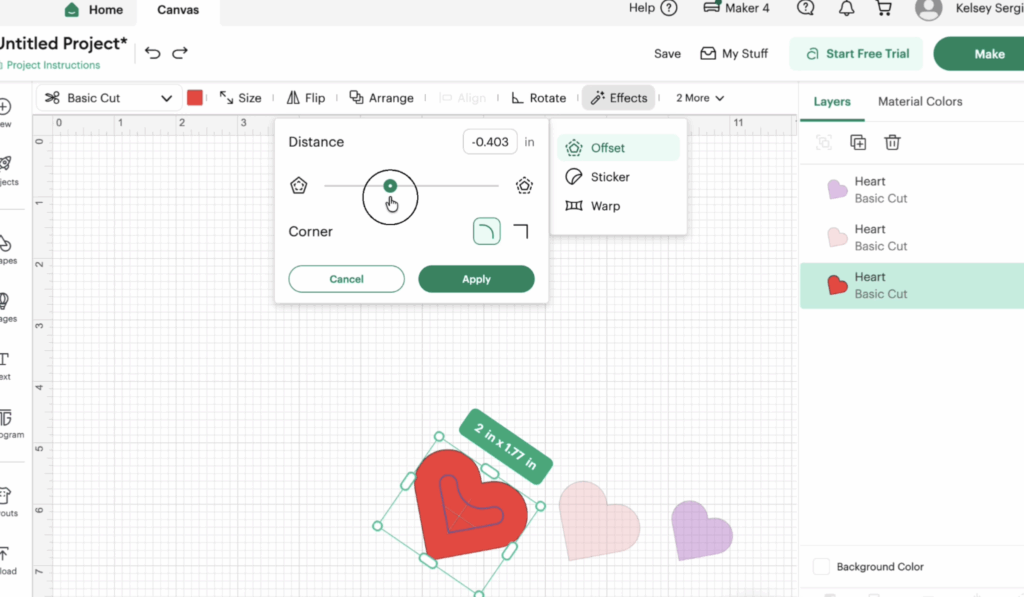 Cricut Design Space Offset settings panel showing positive and negative offset controls for a heart shape.