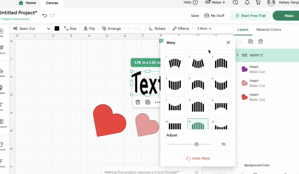 Cricut Design Space Warp panel displaying multiple text warp styles and adjustment controls.