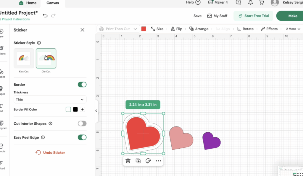 Cricut Design Space Sticker feature showing die cut sticker settings, border controls, and easy peel edge options.