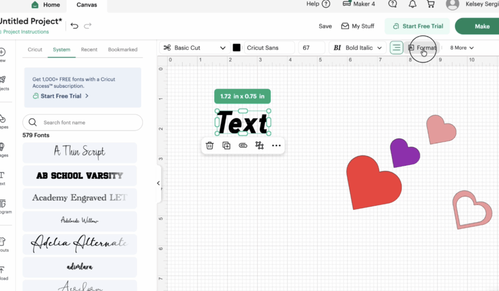 Cricut Design Space text editing toolbar displaying font selection, formatting options, and text controls.