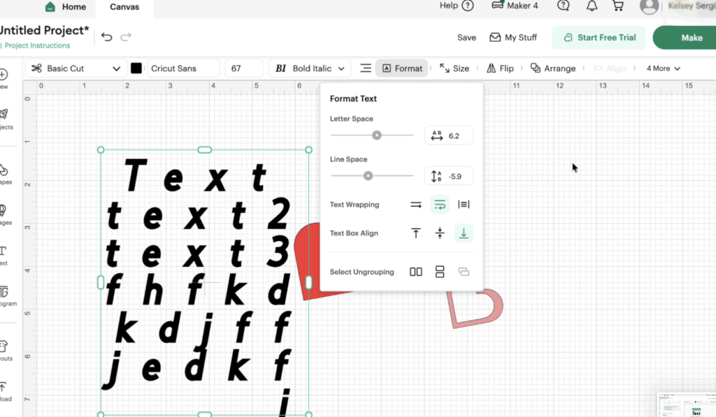 Cricut Design Space Format Text panel showing letter spacing, line spacing, text wrapping, and text box alignment controls.