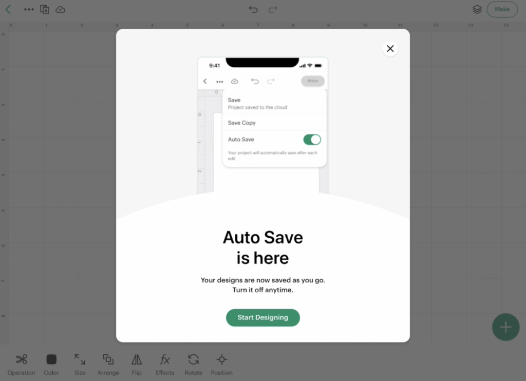 Auto Save notification in Cricut Design Space for iPad showing projects are automatically saved as you design.