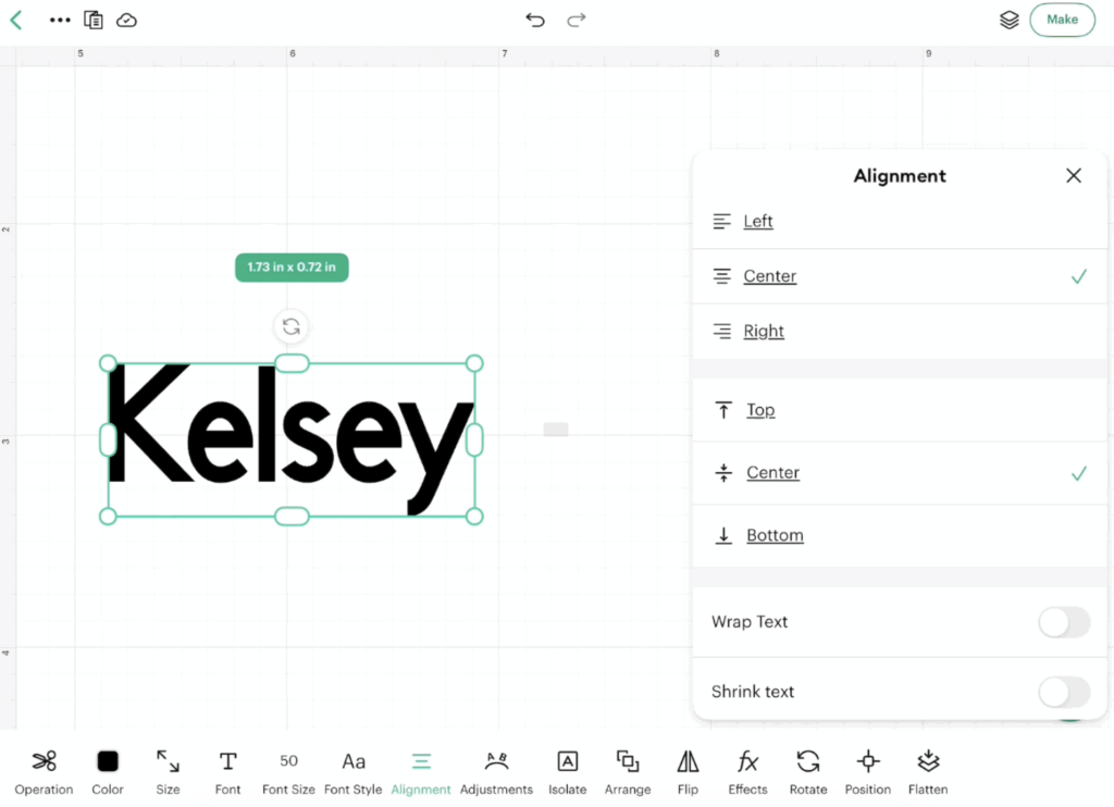 Text alignment menu in Cricut Design Space for iPad showing alignment, wrap text, and shrink text options.