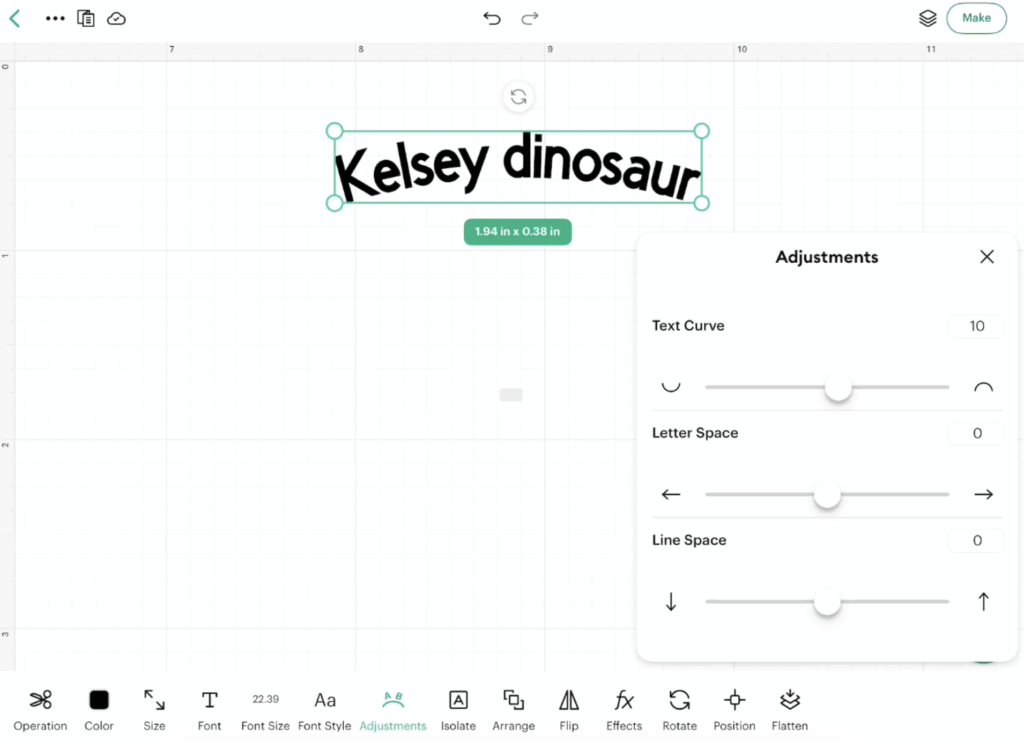 Adjustments panel in Cricut Design Space for iPad displaying text curve, letter spacing, and line spacing controls.