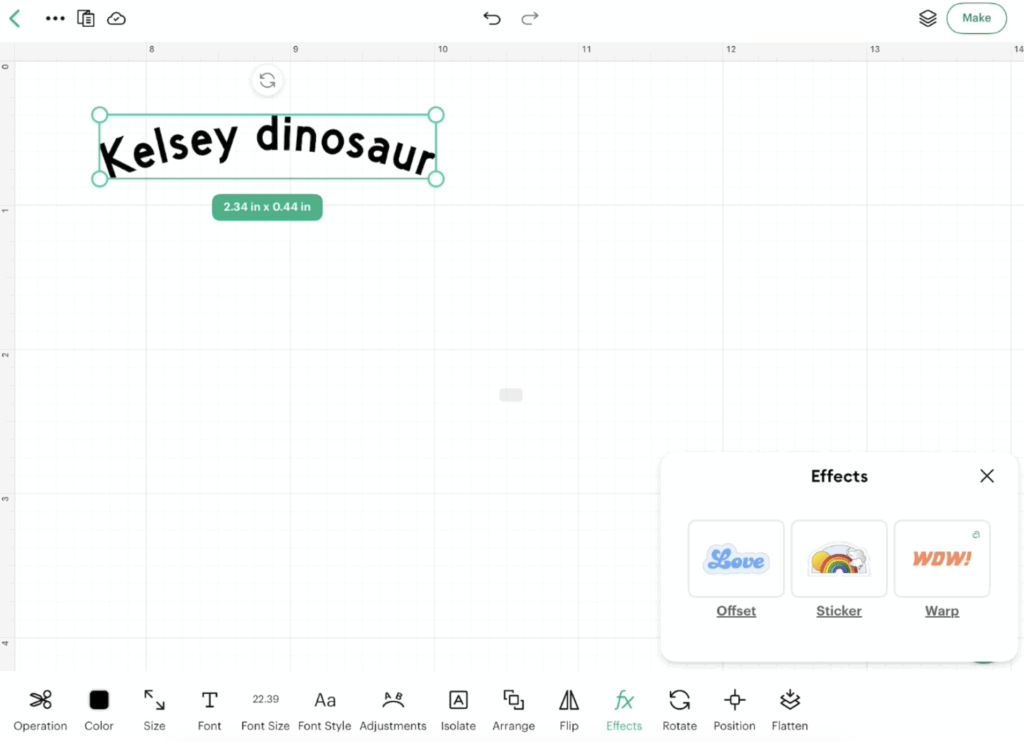 Effects panel in Cricut Design Space for iPad showing Offset, Sticker, and Warp options.