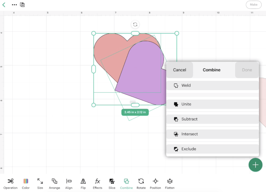 Combine panel in Cricut Design Space for iPad showing Weld, Unite, Subtract, Intersect, and Exclude options.
