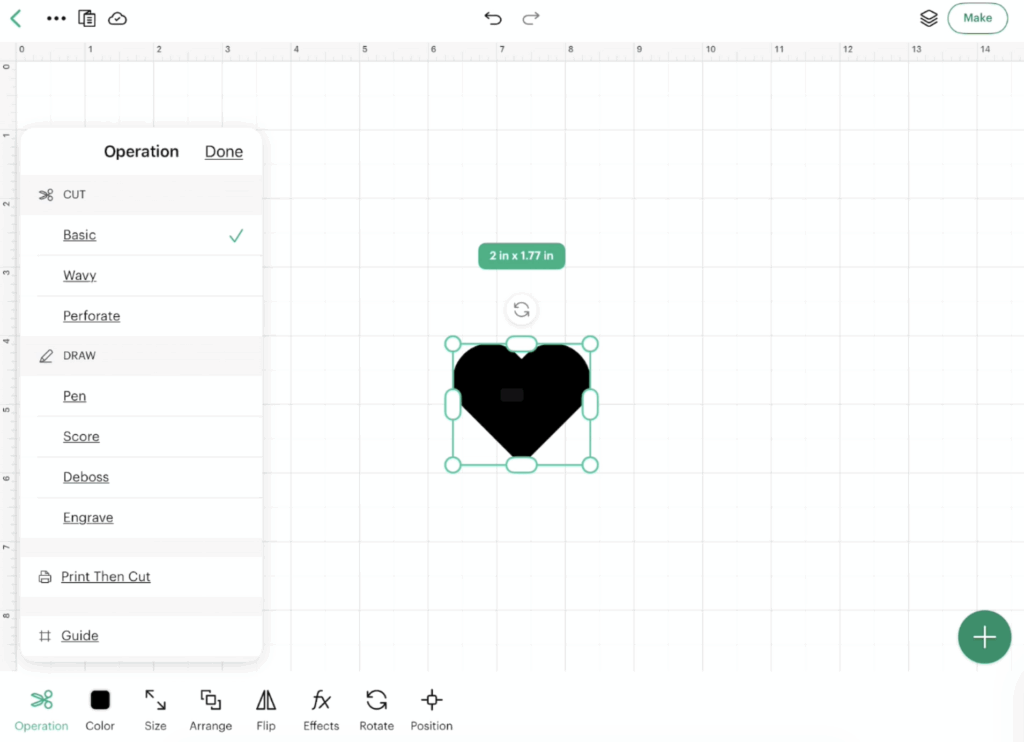 Operation menu in Cricut Design Space for iPad showing Cut, Draw, Score, Deboss, Engrave, and Print Then Cut options.
