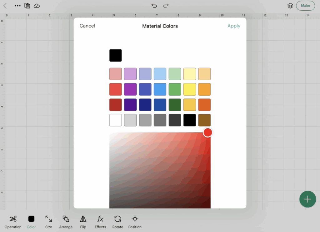 Material color selection window in Cricut Design Space for iPad with color palette and custom color options.