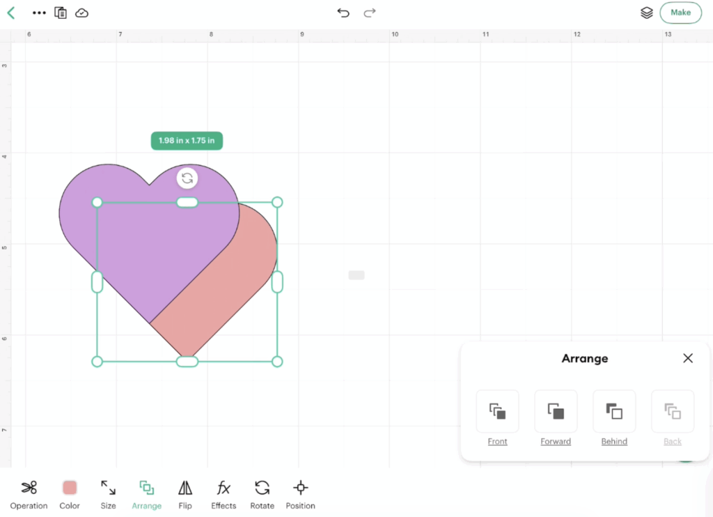 Arrange menu in Cricut Design Space for iPad showing options to move layers forward, backward, front, or back.