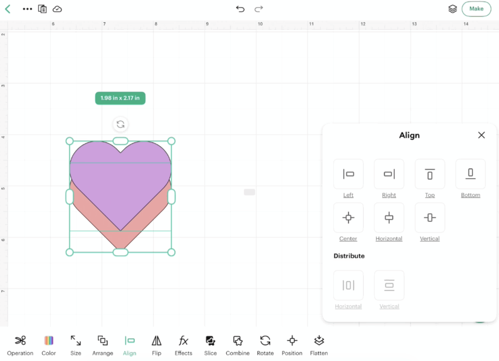 Align menu in Cricut Design Space for iPad displaying alignment and distribution options for multiple objects.