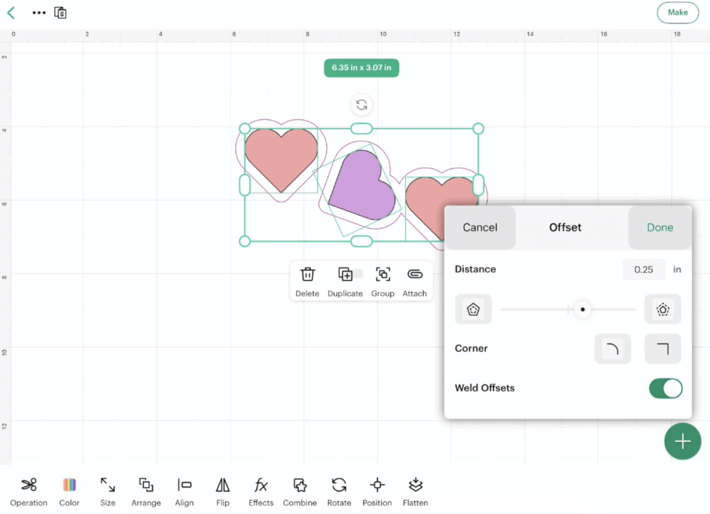 Offset settings panel in Cricut Design Space for iPad with distance slider and weld offsets option.
