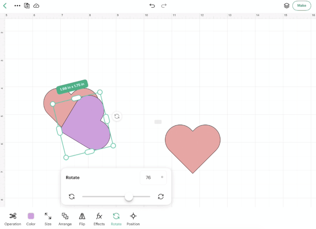 Rotate panel in Cricut Design Space for iPad showing degree adjustment slider for selected shapes.
