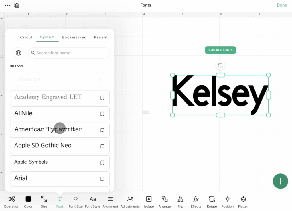 Font menu in Cricut Design Space for iPad showing installed system fonts and Cricut fonts.