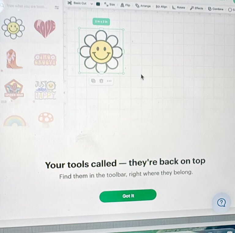 Cricut Design Space June 2026 update notification showing the message "Your tools called — they're back on top" announcing the return of editing tools to the top toolbar.