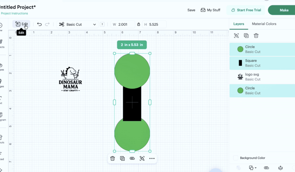 Cricut Design Space showing a custom NFC keychain template with circles, rectangle, and logo ready for cutting.